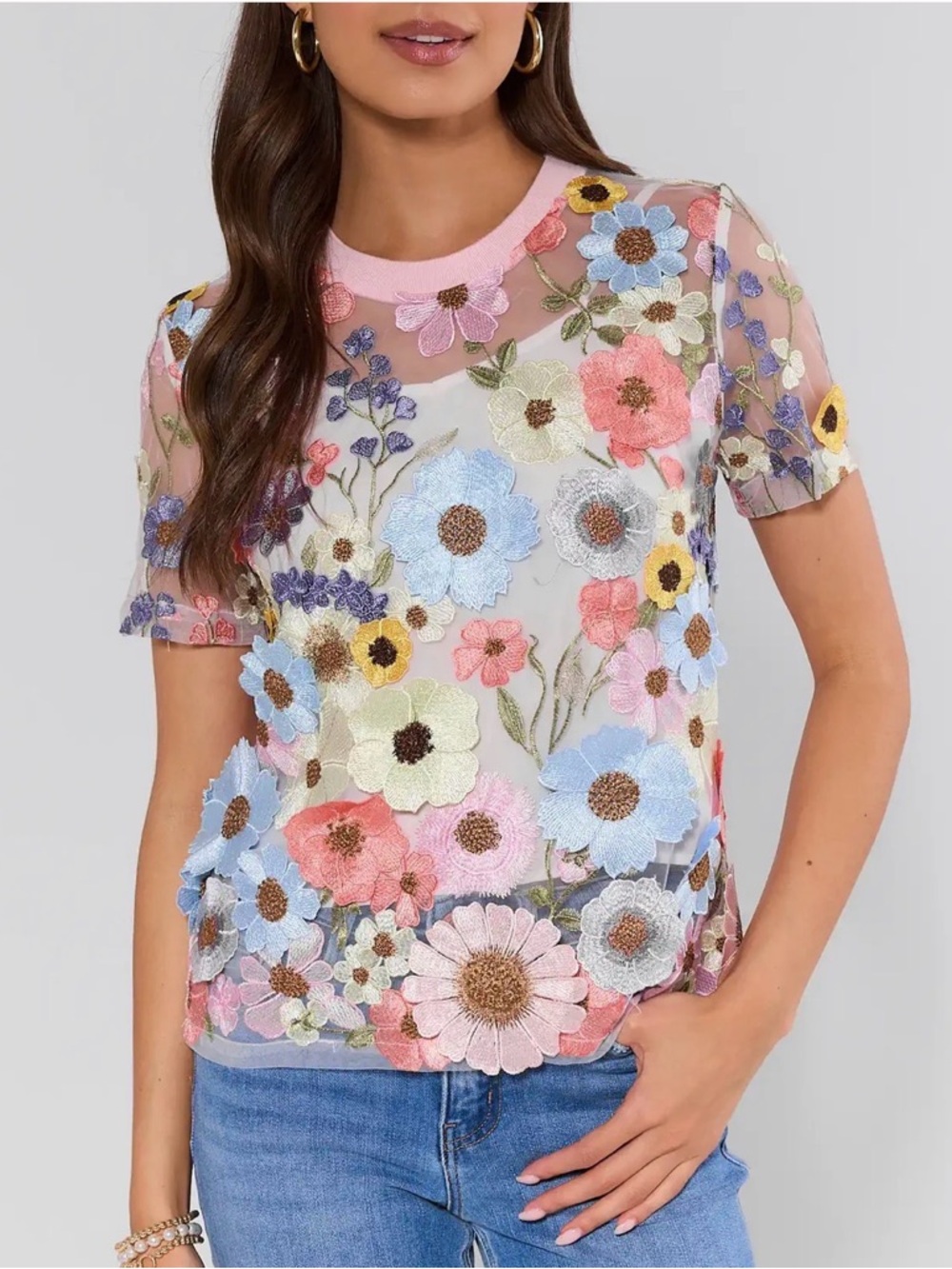 Floral Embroidered Sheer Top - Pink